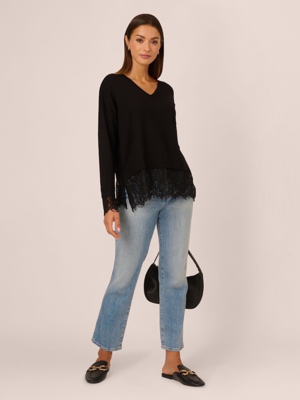 NWT Adrianna Papell Black V-Neck Sweater with Lace Trim